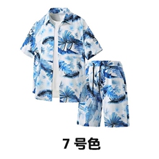 夏季青年花色印花衬衫套装男士多色宽松短裤套装TZ008-P45，男装衬衫，电商A128
