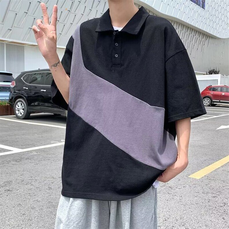 C520P31日系复古潮牌拼接POLO衫男短袖夏季新款宽松青少年上衣潮,男装Polo衫,星座512-6