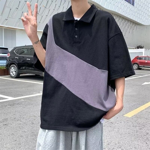 C520P31 日系复古潮牌拼接POLO衫男短袖夏季新款宽松青少年上衣潮图片