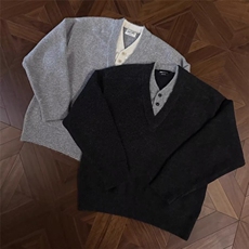 2026日系复古拼接假两件针织毛衣衫男女潮休闲V领上衣V30-P59网图，男装针织衫/毛衣，电商B245