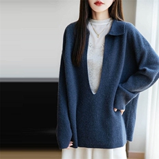 松弛感纯羊毛翻领针织衫女25新款宽松休闲保暖外套毛衣设计感上衣，女装羊毛衫，越洋羊