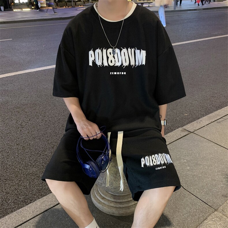 时尚华夫格运动套装男夏季宽松t恤休闲短袖短裤男装一套搭配帅气，男装休闲套装，星座506