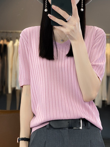 夏季曲珠冰丝短袖女V领薄款针织衫T恤宽松显瘦上衣半袖图片