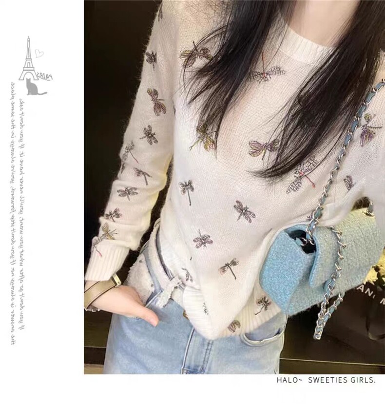 2025新款蜻蜓款时尚圆领修身显瘦打底衫长袖，女装蕾丝衫/雪纺衫，魅途羊绒