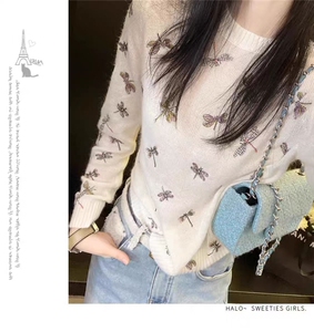 2025新款蜻蜓款时尚圆领修身显瘦打底衫长袖，女装蕾丝衫/雪纺衫，魅途羊绒