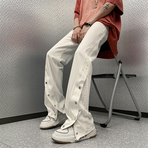 美式高街hiphop潮牌牛仔裤男宽松直筒水洗做旧排扣设计感微喇裤子图片