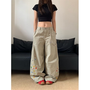 美式复古印花宽松小众工装裤男女弯刀休闲裤K206-P53图片
