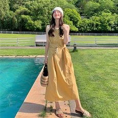 清冷感黄色无袖背心连衣裙女2025夏季新款韩系度假风收腰显瘦长裙，女装连衣裙，2C159