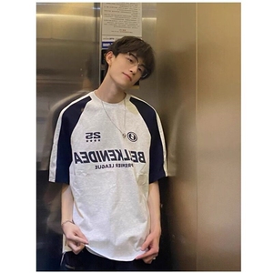 白灰拼藏青插肩袖经典复古球衣宽松运动高级短袖男女潮流行图片