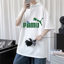 LD54227-P45连帽短袖t恤男大码胖子带帽五分袖中袖，男装T恤，电商A040