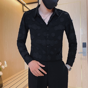 黑 男士秋季新款痞帅工艺纯色长袖衬衫男修身衬衣301A-1/H507/P60图片