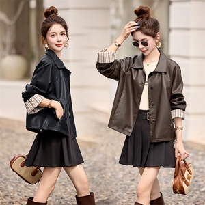 海宁皮衣女款2025新款春秋小个子翻领高级感卷袖PU机车皮夹克外套,女装皮衣,江南女神