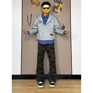 1506-1/KF51201/P47复古迷彩工装牛仔裤男款春秋直筒微喇裤子百搭图片