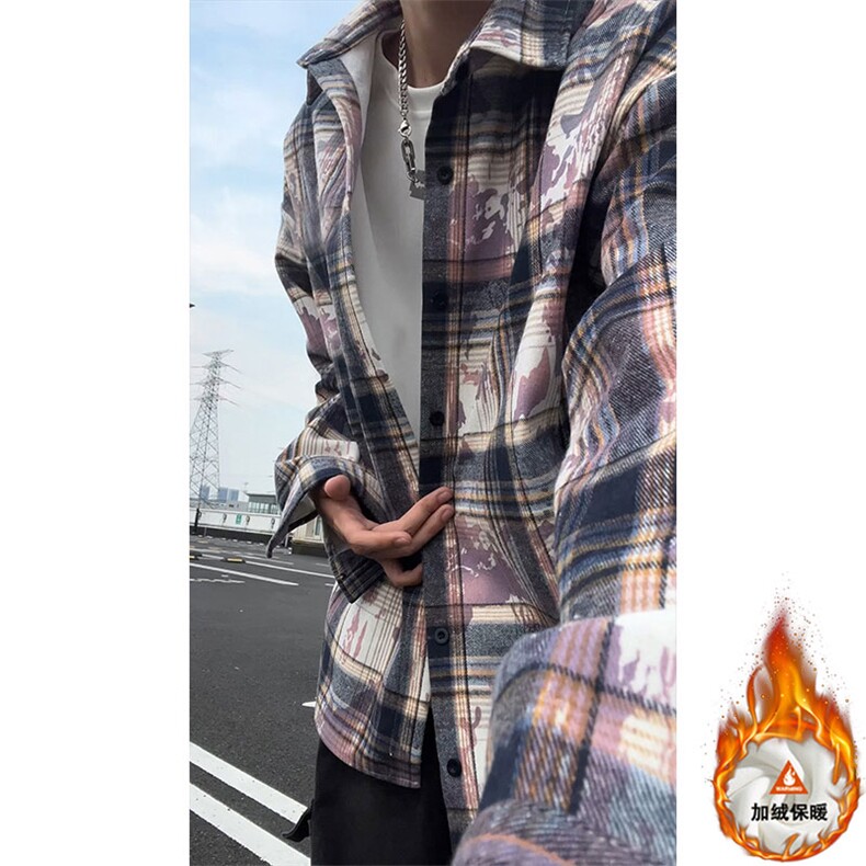 美式长袖宽松格子衬衫休闲内搭衬衣高级感翻领外套男CJ9741-特P42,男装衬衫,电商A007