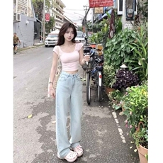 浅蓝色做旧蝴蝶结刺绣牛仔裤女夏季美式高腰直筒设计感宽松阔腿裤，男装牛仔裤，星座506A