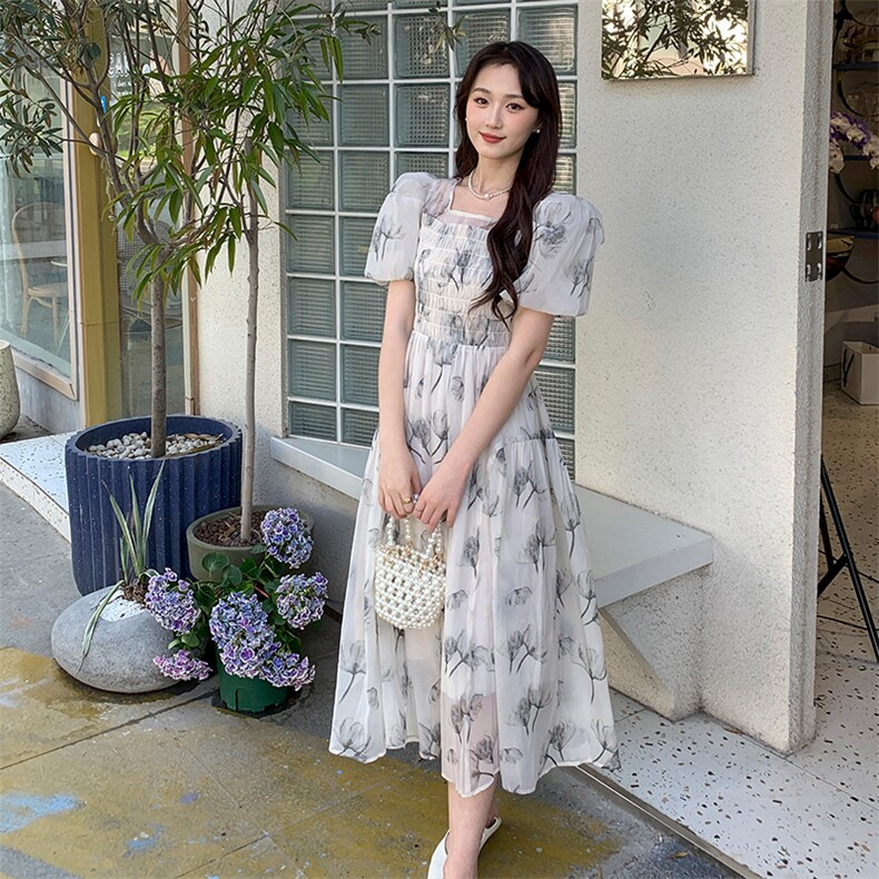 《现货新品》法式轻熟风泡泡袖水墨花连衣裙,女装连衣裙,MQ