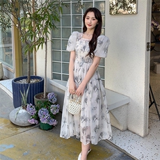 《现货新品》法式轻熟风泡泡袖水墨花连衣裙，女装连衣裙，MQ