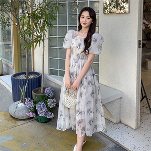 《现货新品》法式轻熟风泡泡袖水墨花连衣裙图片