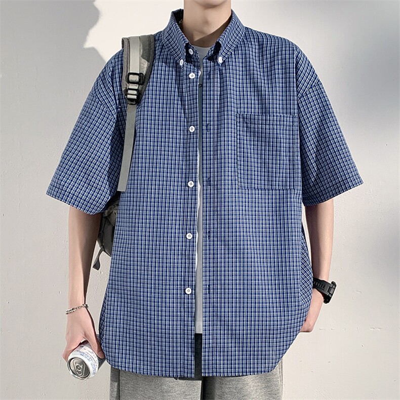 特批P30无差价2025夏季美式复古格子设计男大码短袖衬衫CD5495，男装衬衫，电商A001