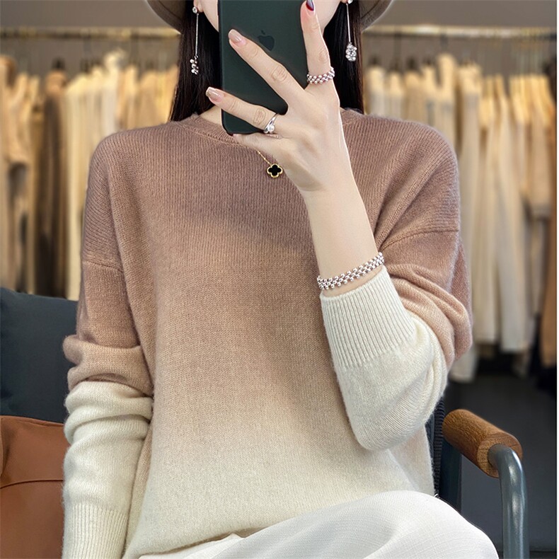秋冬新款100%纯羊毛衫女圆领渐变色羊绒衫套头针织衫慵懒宽松毛衣,女装羊毛衫,片语羊绒