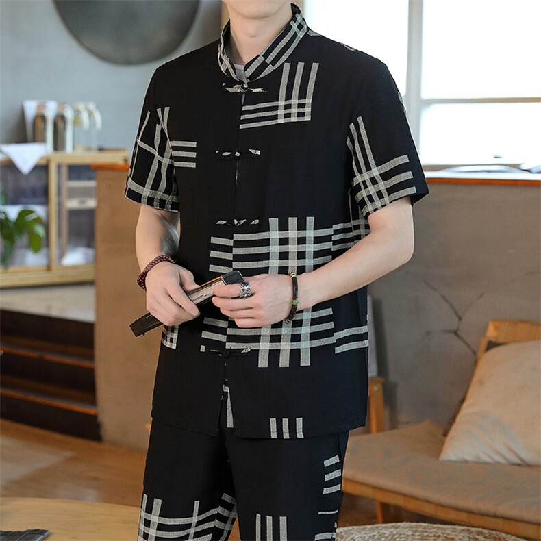 男士夏季冰丝短袖复古风唐装汉服中式居士服风套装HO6931-P65,男装T恤,星座1105-3