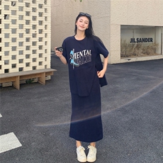 藏青色休闲运动印花T恤半身裙套装女夏2025新款两件套超火高级感，女装套装/套裙，2C218