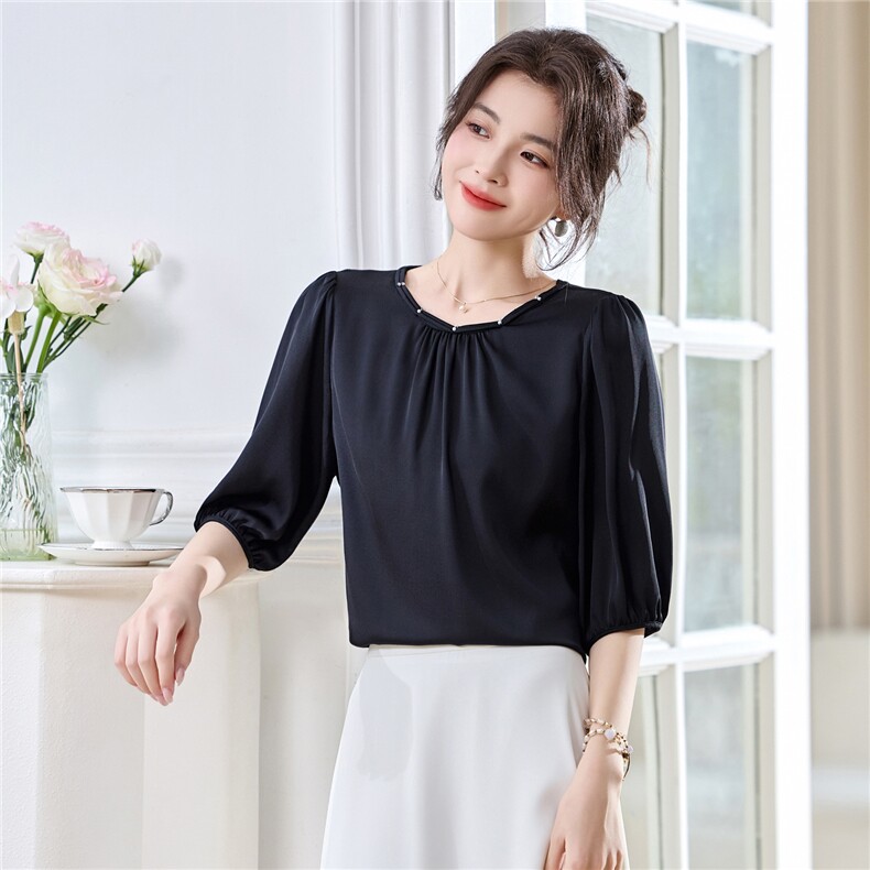 2025夏季新款重磅真丝衬衫女时尚气质圆领套头中袖纯色桑蚕丝上衣,女装衬衫,阿舍尔精品
