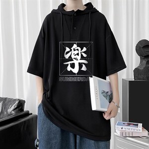 LD54197-P45 连帽短袖t恤男大码胖子带帽五分袖中袖图片