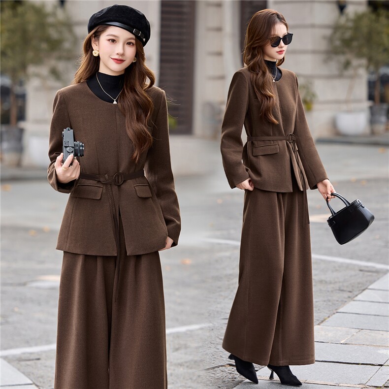 现货毛呢套装女2025年冬季新款女装时尚气质休闲外套阔腿裤送腰带，女装套装/套裙，时尚俏佳人