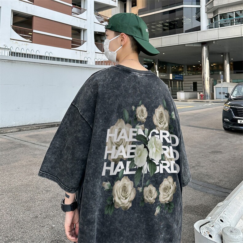 B239-1161-P38 美式植物花卉印花 复古水洗做旧半袖 重磅短袖T恤图片