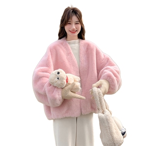 粉色甜美皮毛一体羊羔毛外套女秋冬多巴胺独特超好看加厚棉服超火,棉衣/棉服,2D078