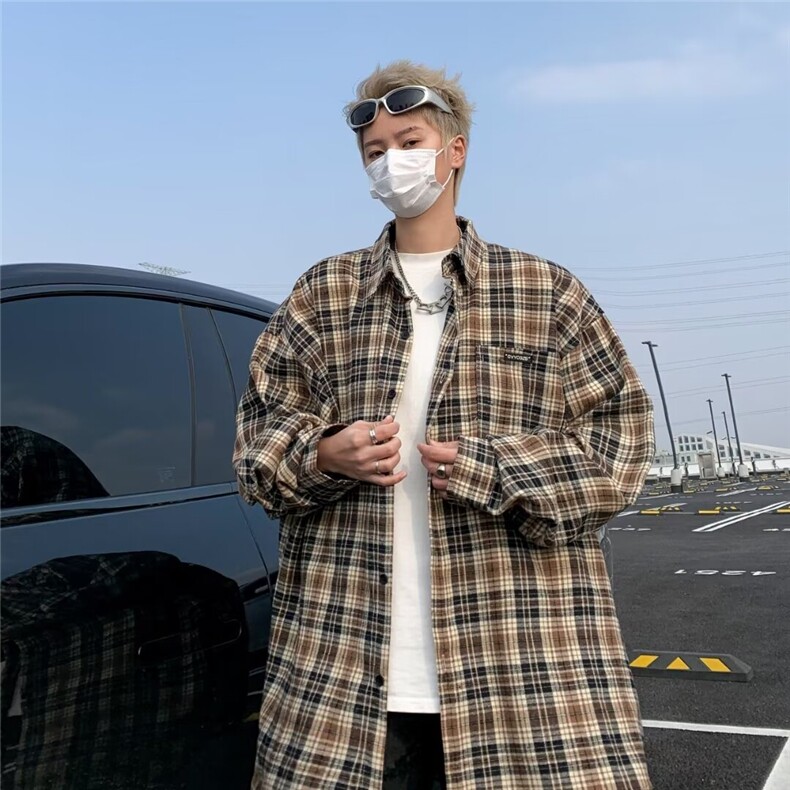 美式复古格纹长袖衬衫男女宽松上衣潮流慵懒情侣休闲衬衣6002/P40,男装衬衫,星座506