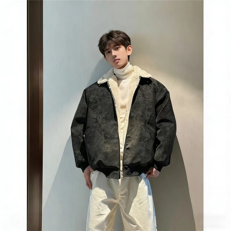 一体绒冬季美拉德雾面PU皮棉服兔毛加绒加厚保暖棉衣MY888/P85,男装棉衣,电商B318