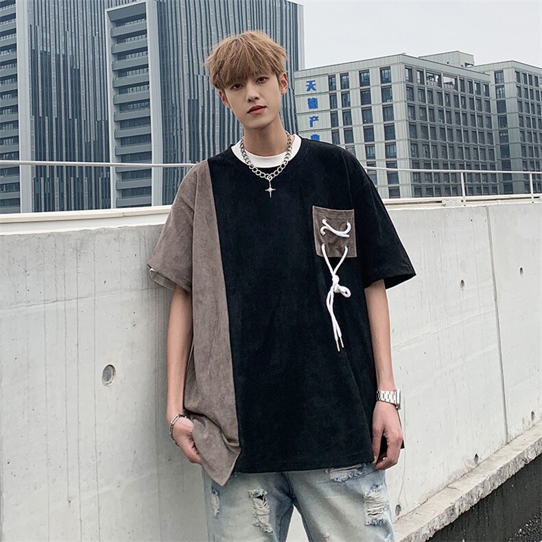 新款夏季男潮流宽松休闲潮牌学生短袖T恤上衣圆领拼接五分袖半,男装T恤,星座410-7