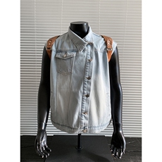 春夏休闲坎肩无袖外套复古做旧浅水洗牛仔马甲HY909P55控89，女装短外套，电商A102B