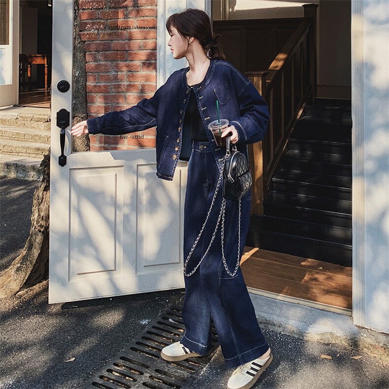 超火ootd穿搭松弛感牛仔套装女2025春季新款韩系减龄阔腿裤两件套,女装套装/套裙,2C293
