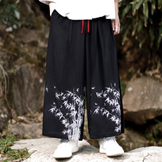 夏季2025新款现货风棉麻印花竹叶八分裤阔腿裤K211-P60，男装休闲裤，电商A021