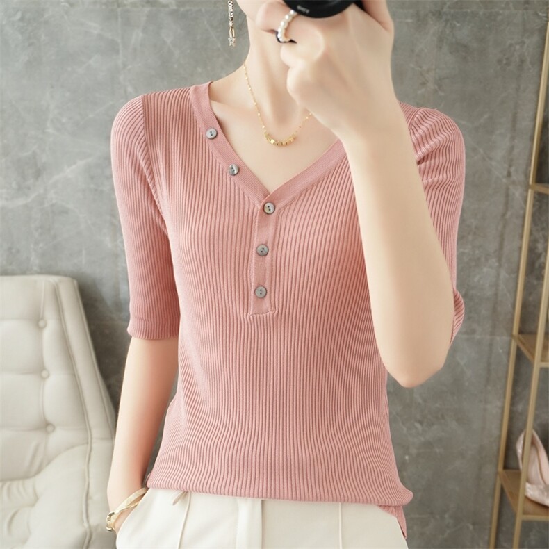 夏季新款短袖T恤女装修身半袖冰丝针织衫打底衫内搭上衣女V领T恤，女装针织衫/毛衣，暖姿羊绒