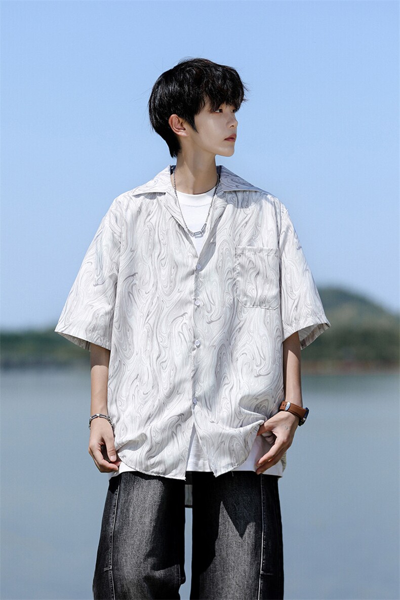 8XL-M冰丝古着感波浪纹短袖衬衫男宽松休闲沙滩古巴领衬衣CS528,男装衬衫,电商D206-1