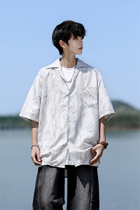 8XL-M 冰丝古着感波浪纹短袖衬衫男宽松休闲沙滩古巴领衬衣CS528图片