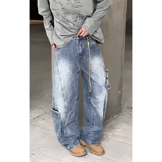 W11127-P55网图现货潮牌美式解构阔腿水洗牛仔裤复古宽松长裤，男装牛仔裤，星座1608