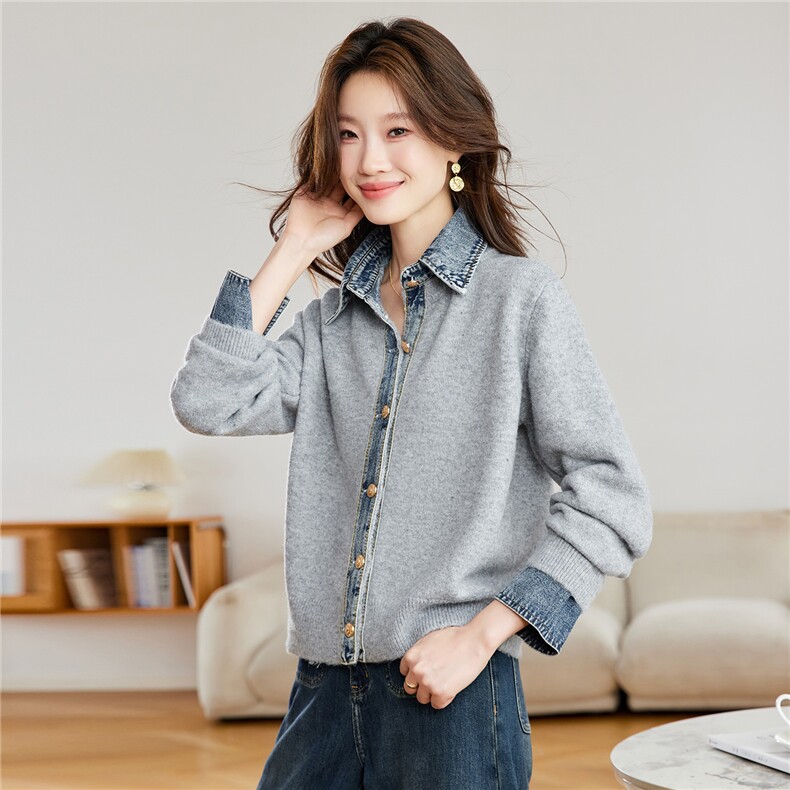 2025甜库休闲POLO毛衣设计假两件羊毛针织衫女秋季新款宽松毛衣，女装针织衫/毛衣，艾米