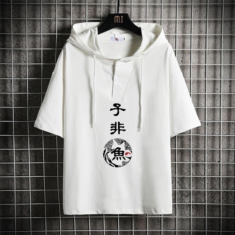 LD54070-P45连帽短袖t恤男大码胖子带帽五分袖中袖网格挂拍,男装T恤,电商A040A