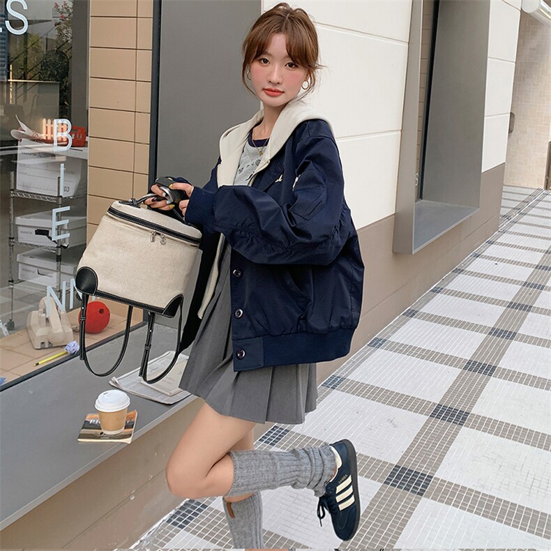 超火藏青色短款连帽棒球服外套女春2025新款设计感假两件夹克,女装短外套,浙宝305