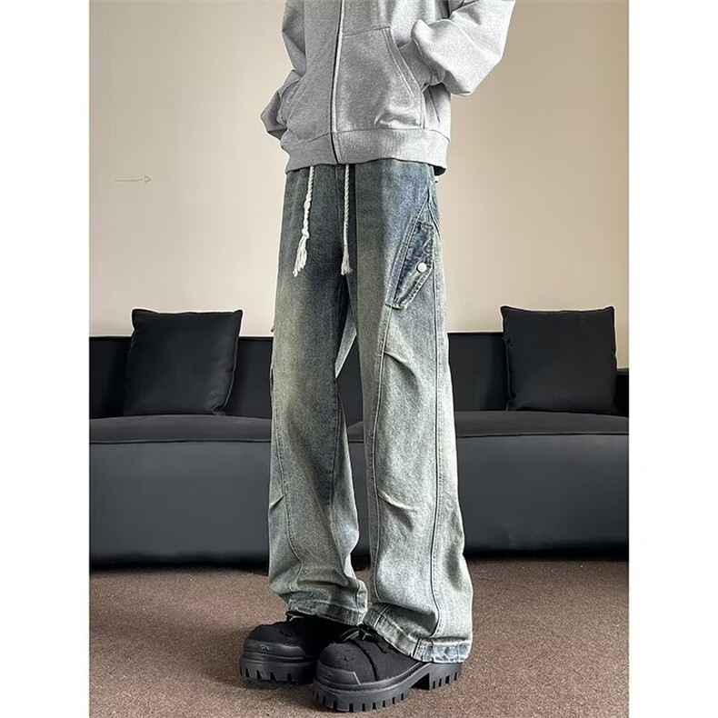 N666-P49阔腿牛仔裤男款宽松直筒2025年新款美式高街男生裤子，男装牛仔裤，电商B323A