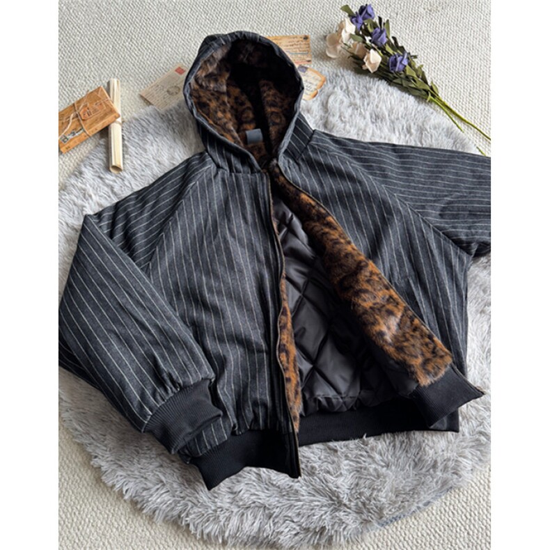竖条豹纹内里拼接撞色连帽棉服男女冬季座山雕外套M5039,男装棉衣,星座1116A（原606A-3）
