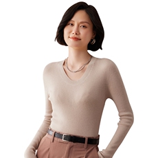 秋冬新款洋气时尚百搭显瘦女款精纺一线成衣U领35%羊绒衫，女装羊绒衫，艾巧羊绒