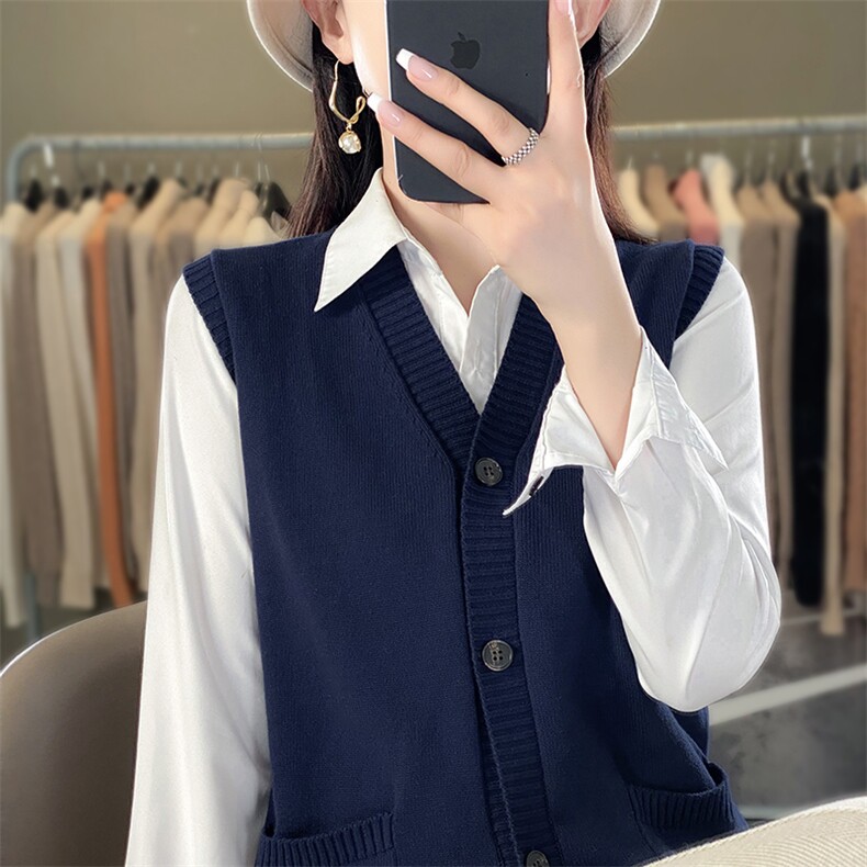 韩版V领100%纯棉无袖针织马甲女复古针织坎肩叠穿百搭毛衣背心新,女装马甲,阁惠羊绒