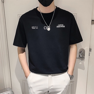 黑色2023精神小伙修身男士圆领印花短袖T恤打底衫潮 T091-P48控68图片