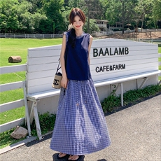 甜美花边格纹背心半身裙套装女夏2025新款今年流行绝美俏皮两件套，女装套装/套裙，2C325